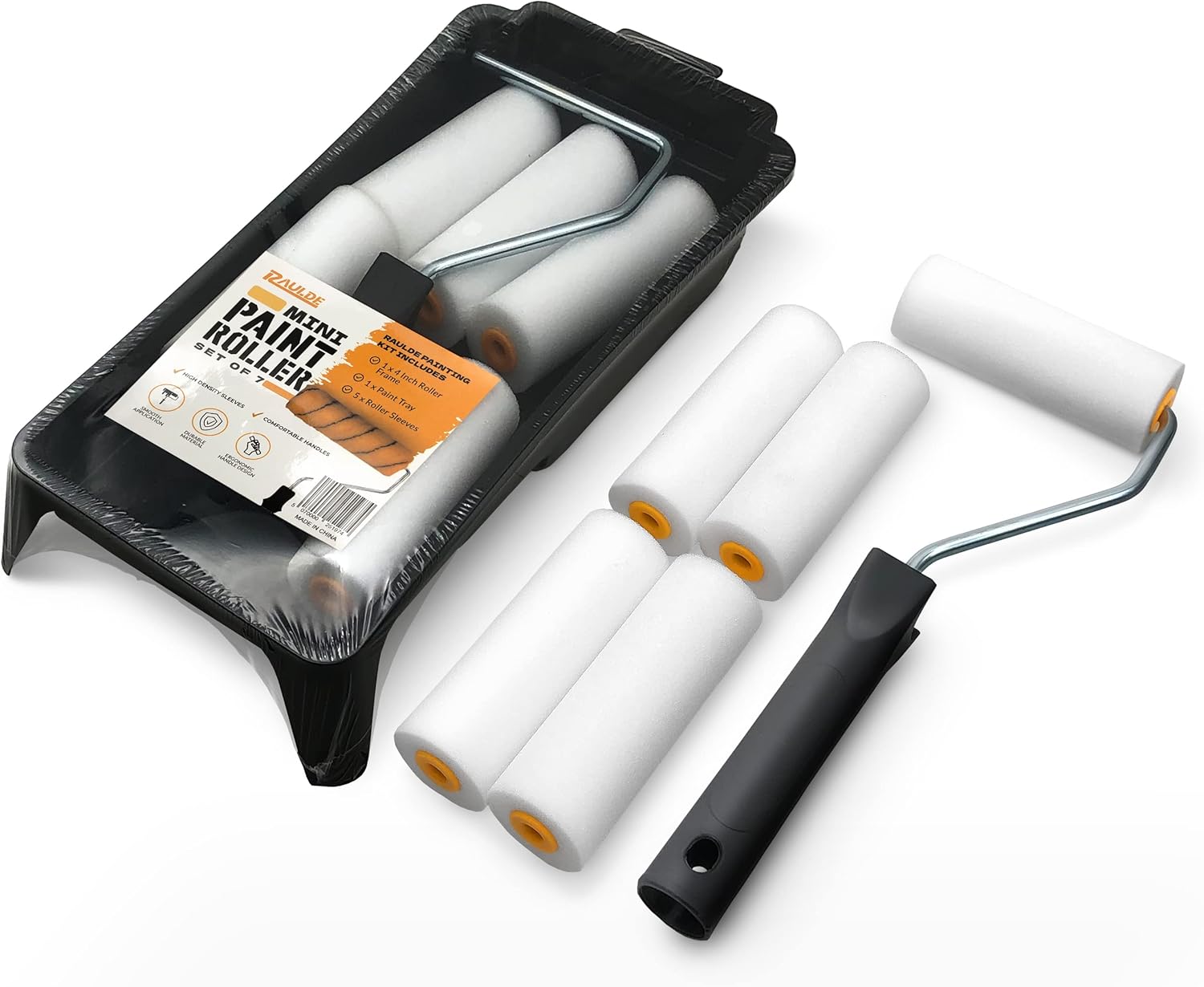 RAULDE 7 Pieces Mini Paint Roller Set - Includes a Paint Tray, Mini Rollers & Sl...