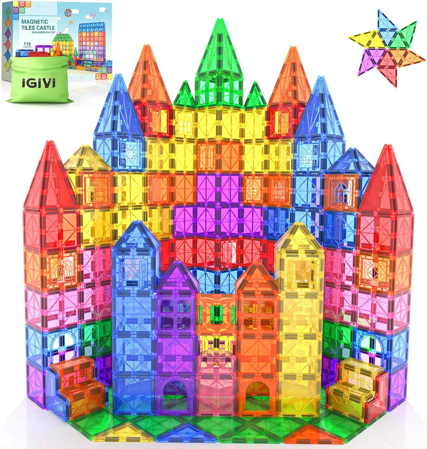 118PCS Magnetic Tiles, Magnet Building Blocks for Kids Ages 3-5 4-8, STEM Constr...