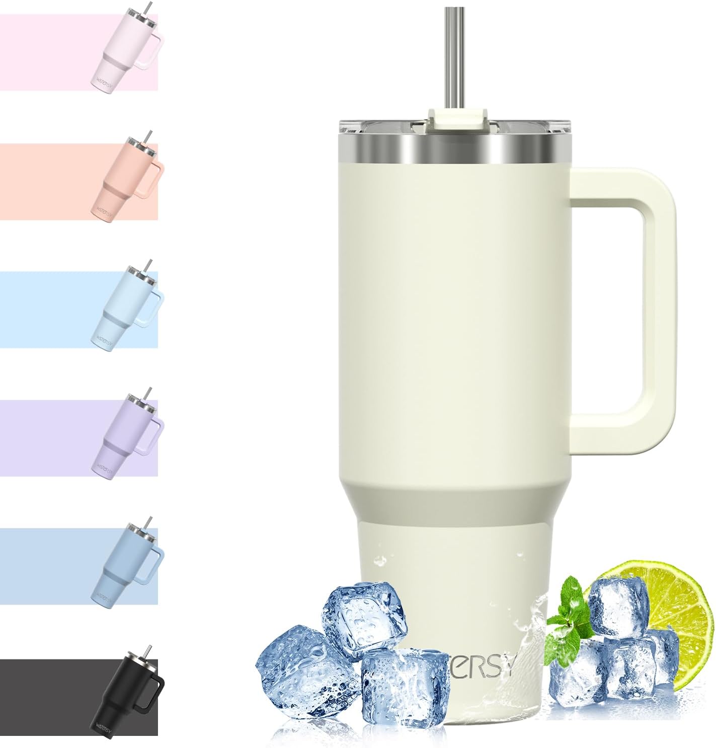 WATERSY Travel Mug Coffee Cup 40oz Tumbler Straw Lid and Handle, Stainless Steel...