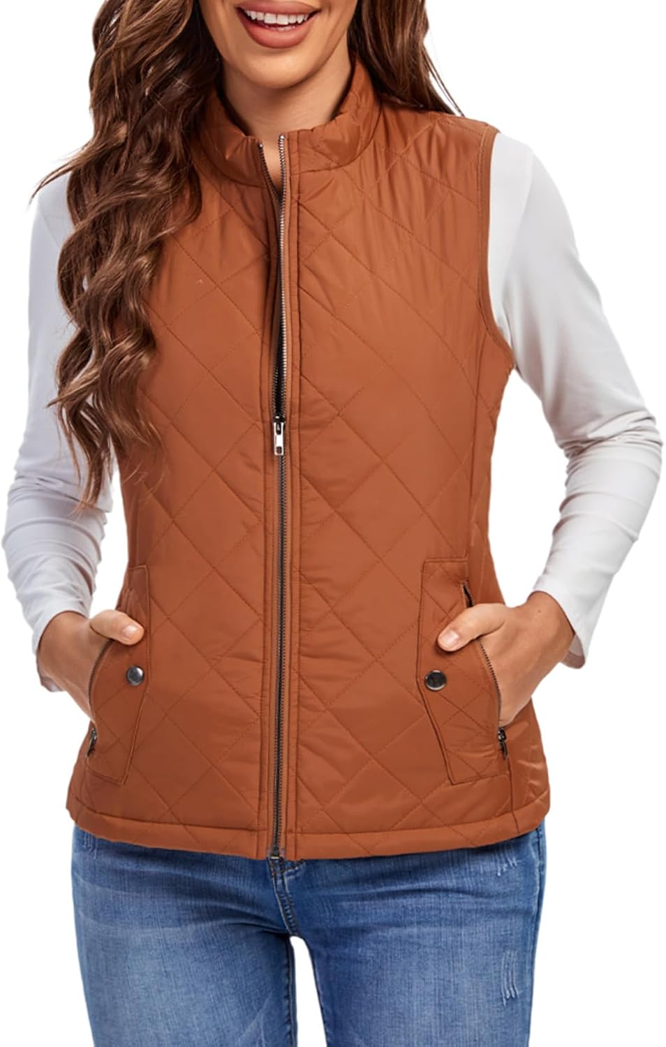 Fuinloth Women's Quilted Vest, Stand Collar Lightweight Zip Padded Gilet Small B...