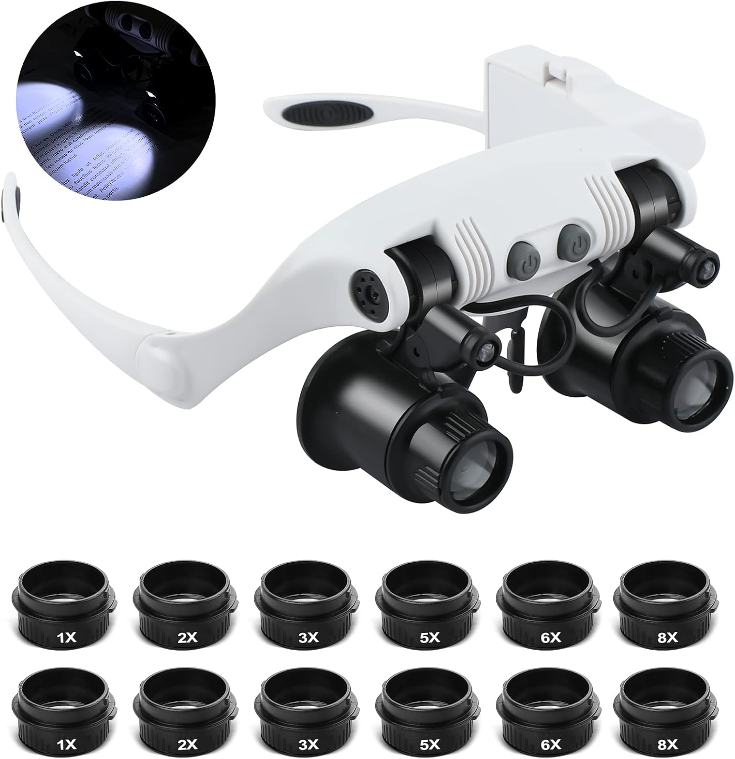 Hands Free Head Magnifying Glasses, Magnifier with Light, 1X, 2X, 3X, 5X, 6X, 8X...
