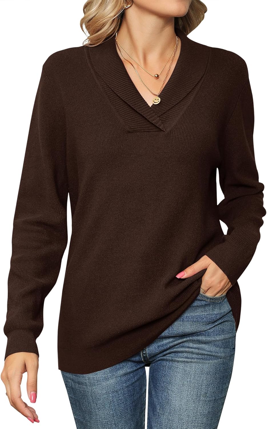 IECCP Women's V Neck Tops Long Sleeve Jumpers Solid Color Pullover Lapel Knit Sw...