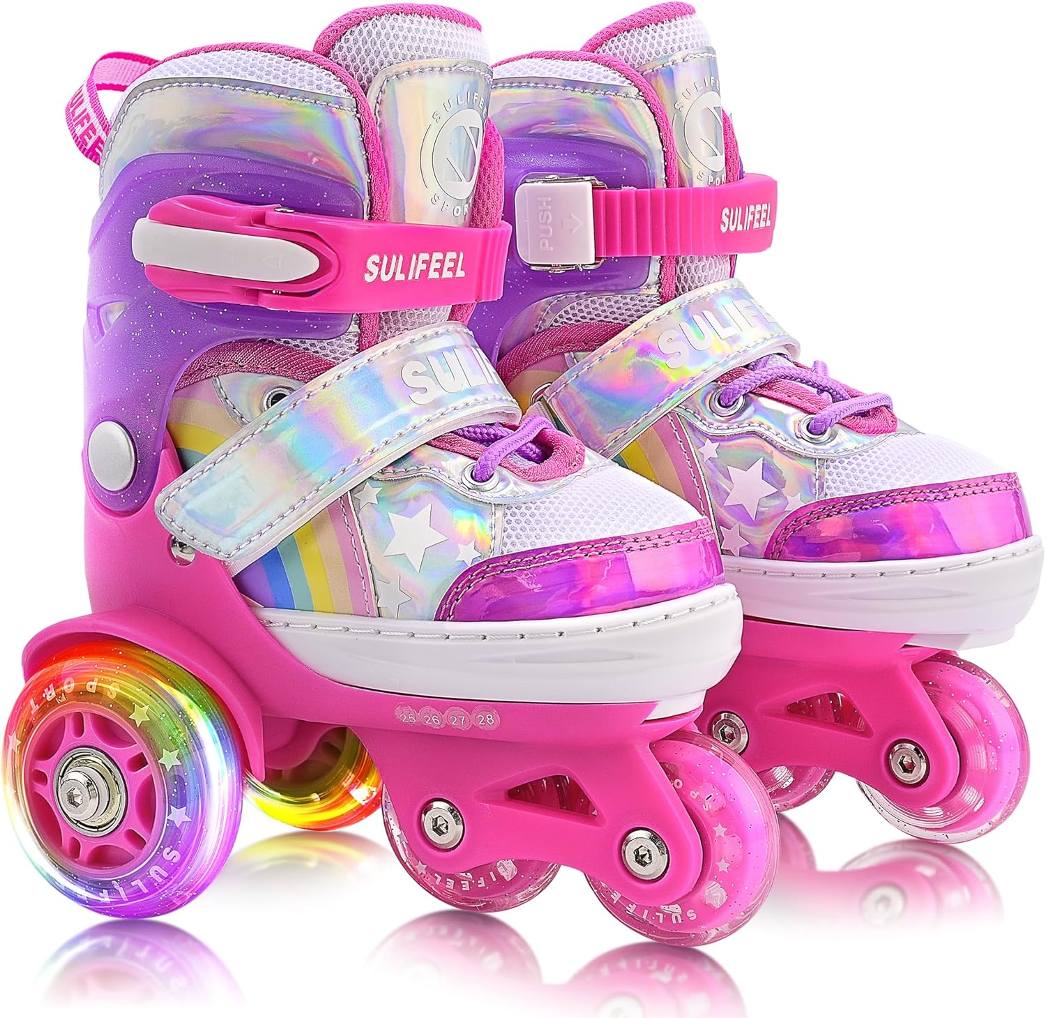 SULIFEEL Rainbow Unicorn 4 Size Adjustable Light up Roller Skates for Girls Boys...