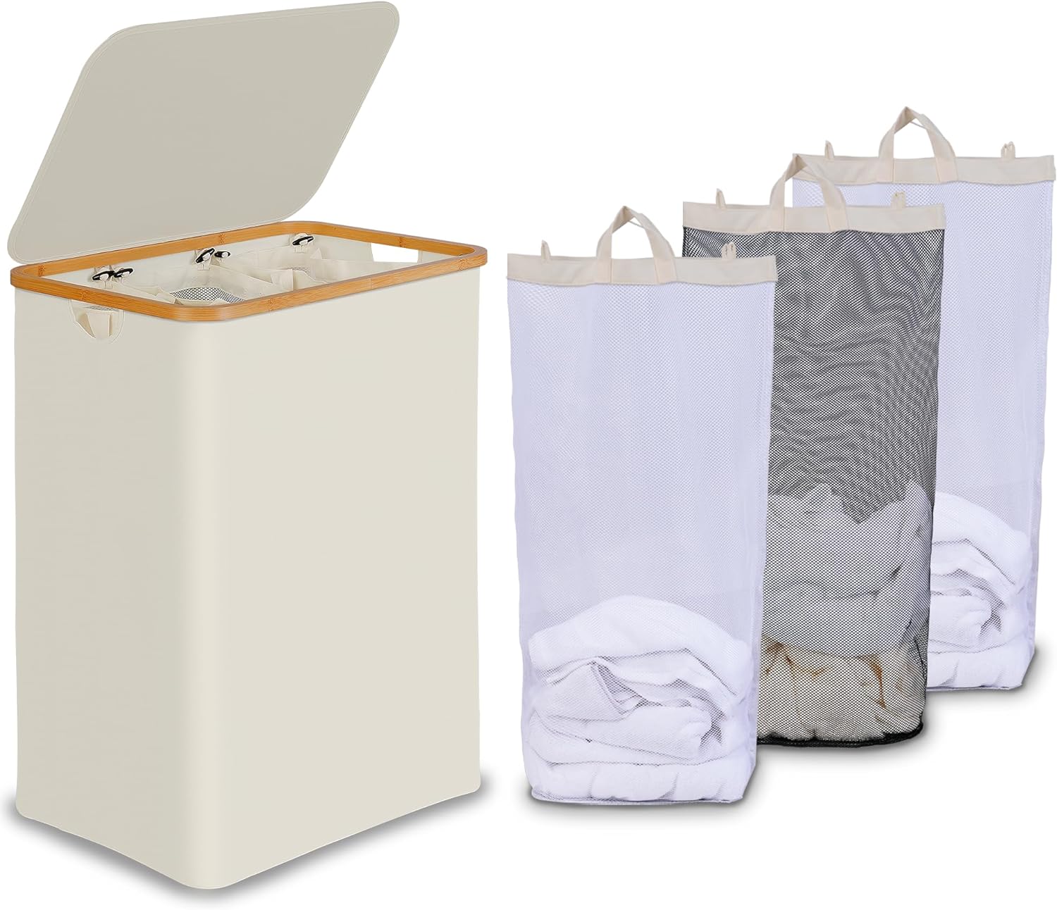 efluky Laundry Hamper with Lid, Trio Laundry Hamper with 3 Removable Bags, 3 Sec...