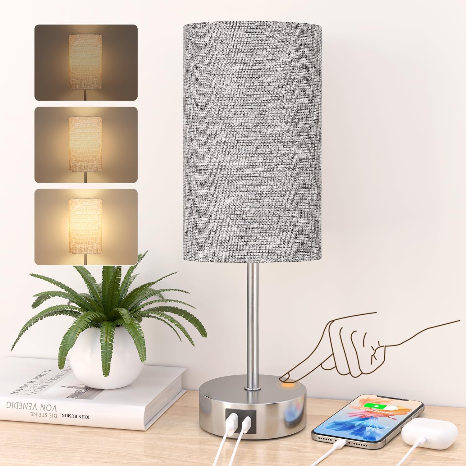 STANBOW Bedside Lamps, Touch Lamps Bedside with USB A+C Charging Ports, 3-Way Di...