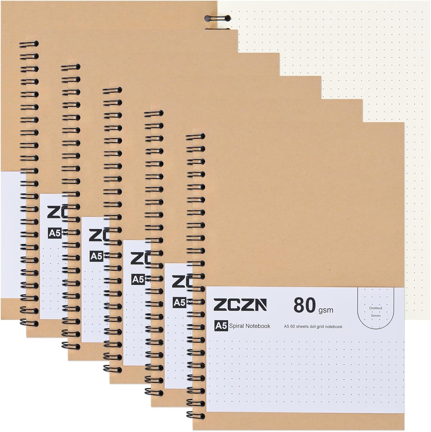 ZCZN A5 Dotted Notebook, 6 Pack Spiral Notebook, 80gsm Dot Grid Paper, 120 Pages...