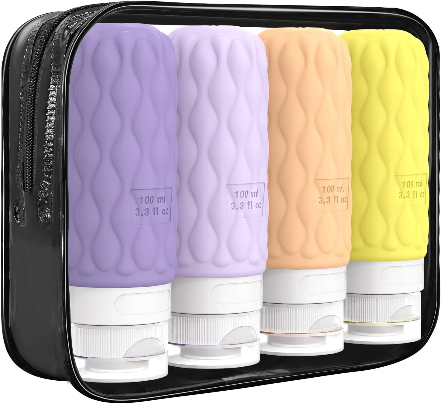 4 Pack Travel Bottles for Toiletries with Labels, 100 ml Silicone Travel Bottles...