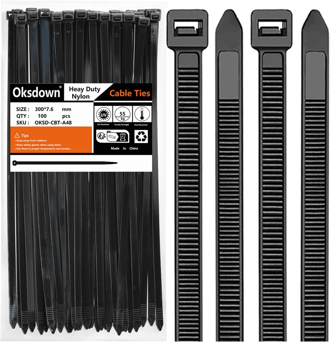 Oksdown 100 Pack Black Thick Cable Ties Heavy Duty Large 300mm×7.6mm Strong Nylo...