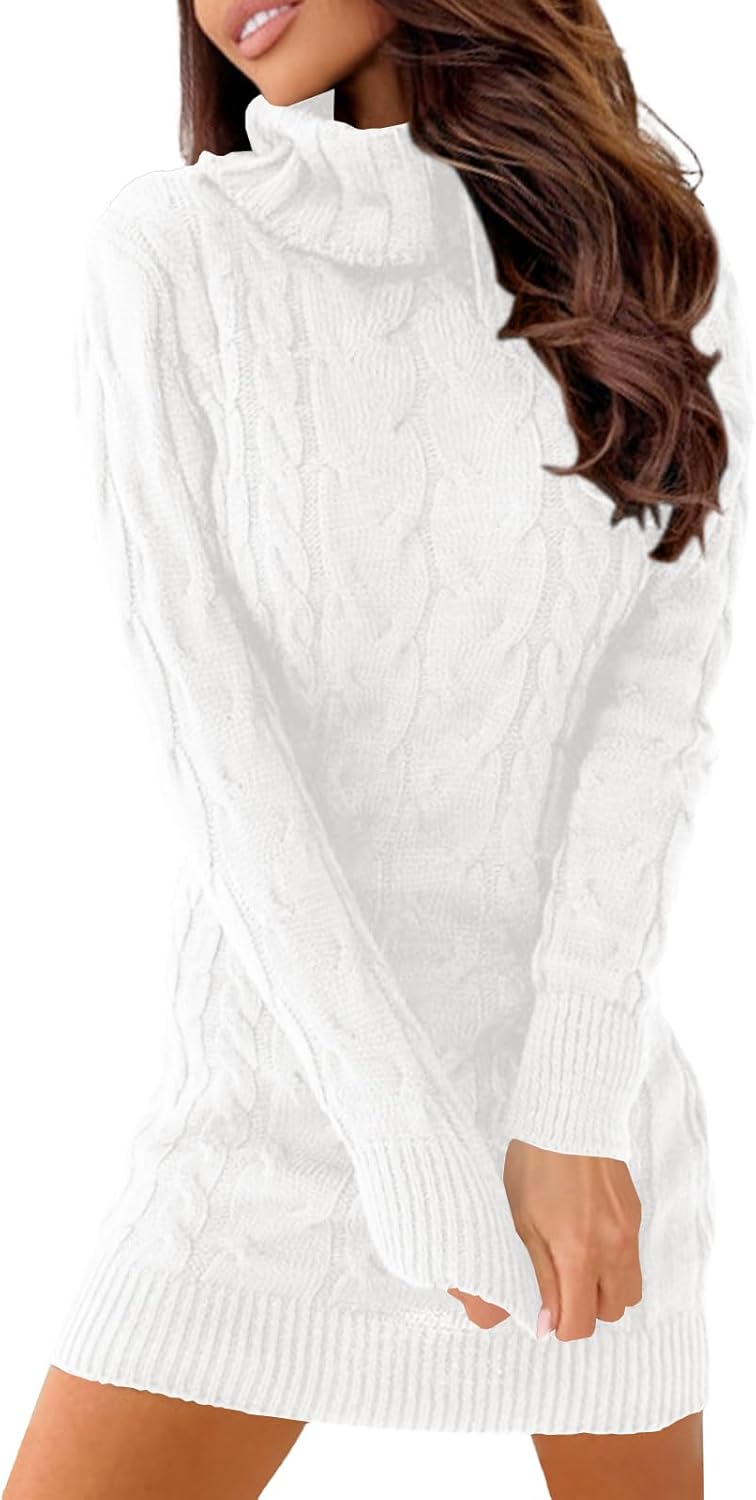 Langwyqu Womens Cable Knit Sweater Dress Sexy Long Sleeve Bodycon Turtleneck Min...