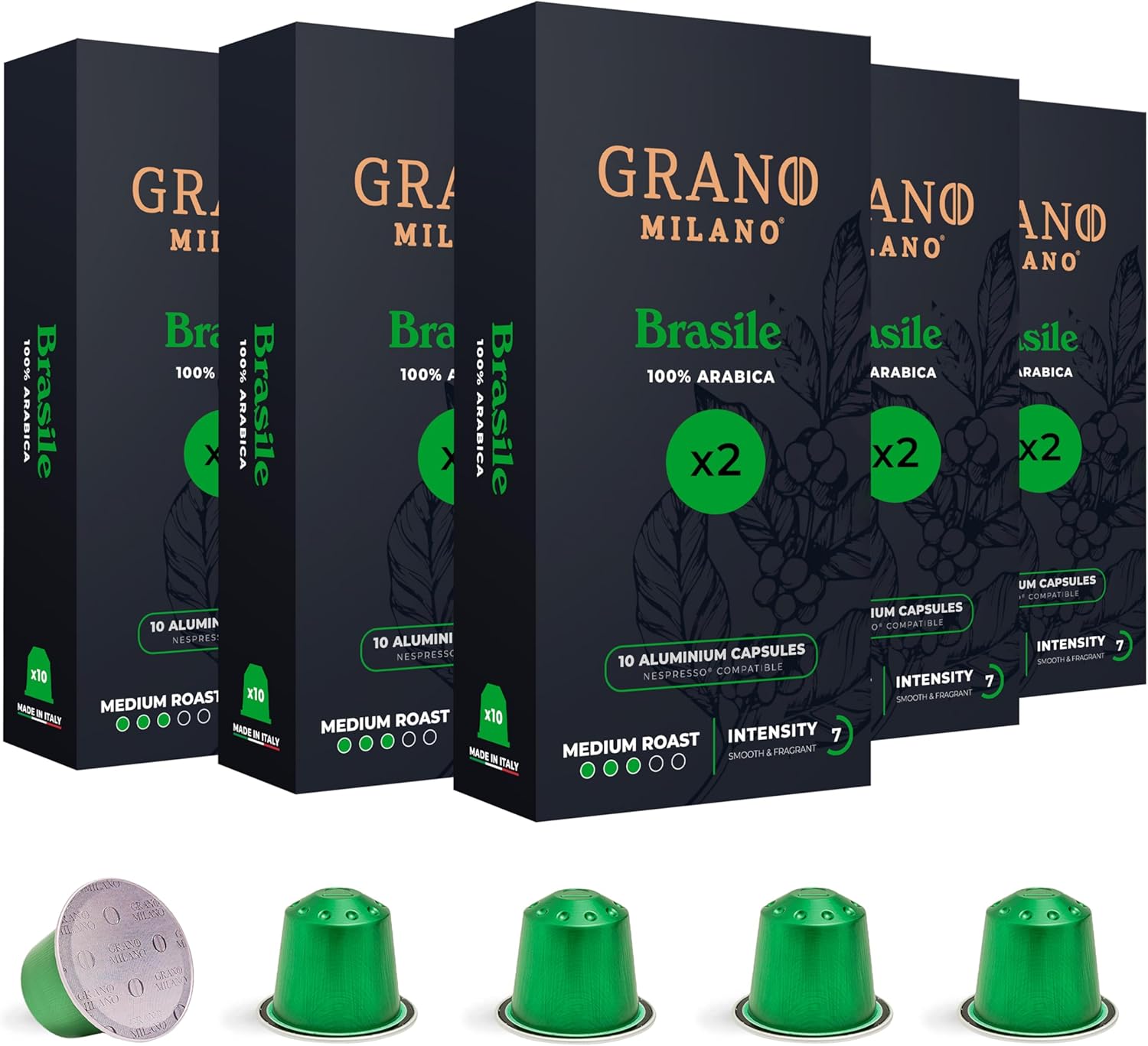 Grano Milano Brasile 100 Aluminium Coffee Pods Compatible with Nespresso Origina...