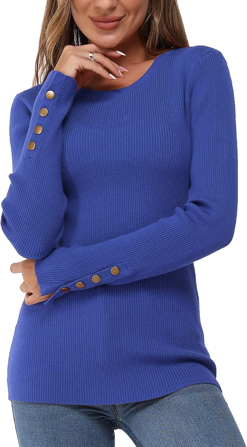 Newshows Long Sleeve Tops for Women UK Crew Neck Ladies Jumpers Button Solid Str...