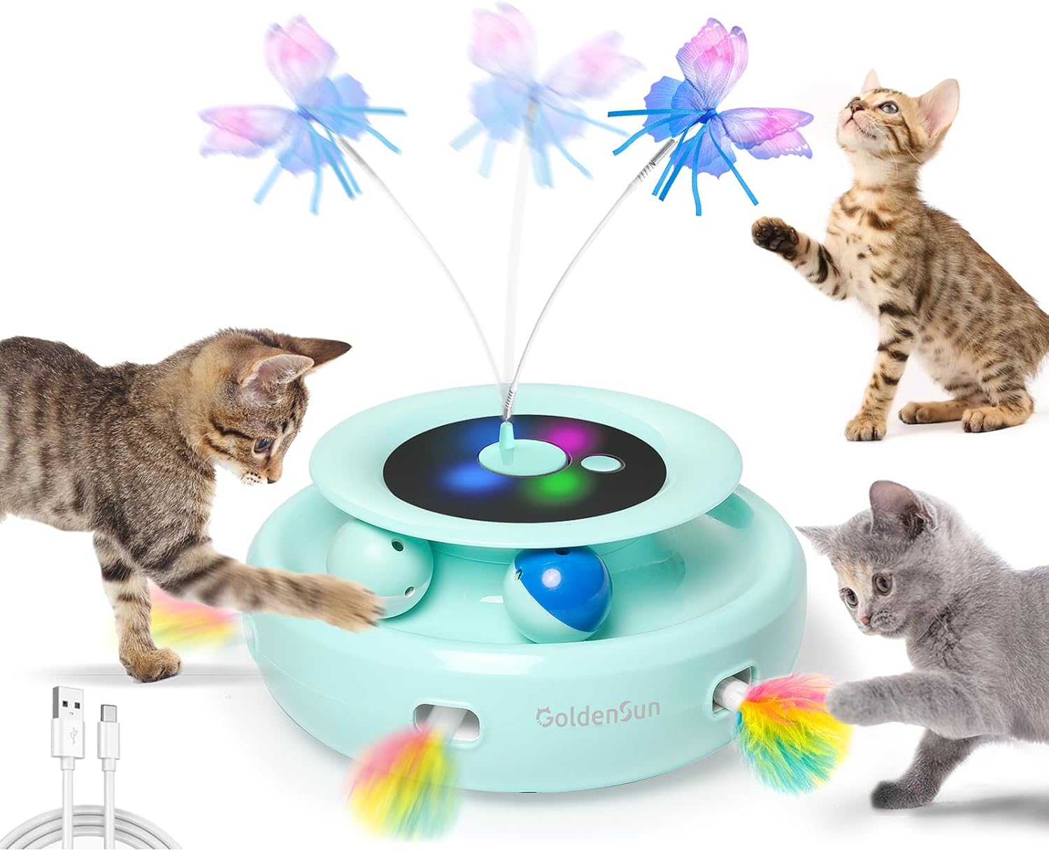GoldenSun 3-In-1 Interactive Cat Toys for Indoor Cats Adult, Smart Cat Feather T...