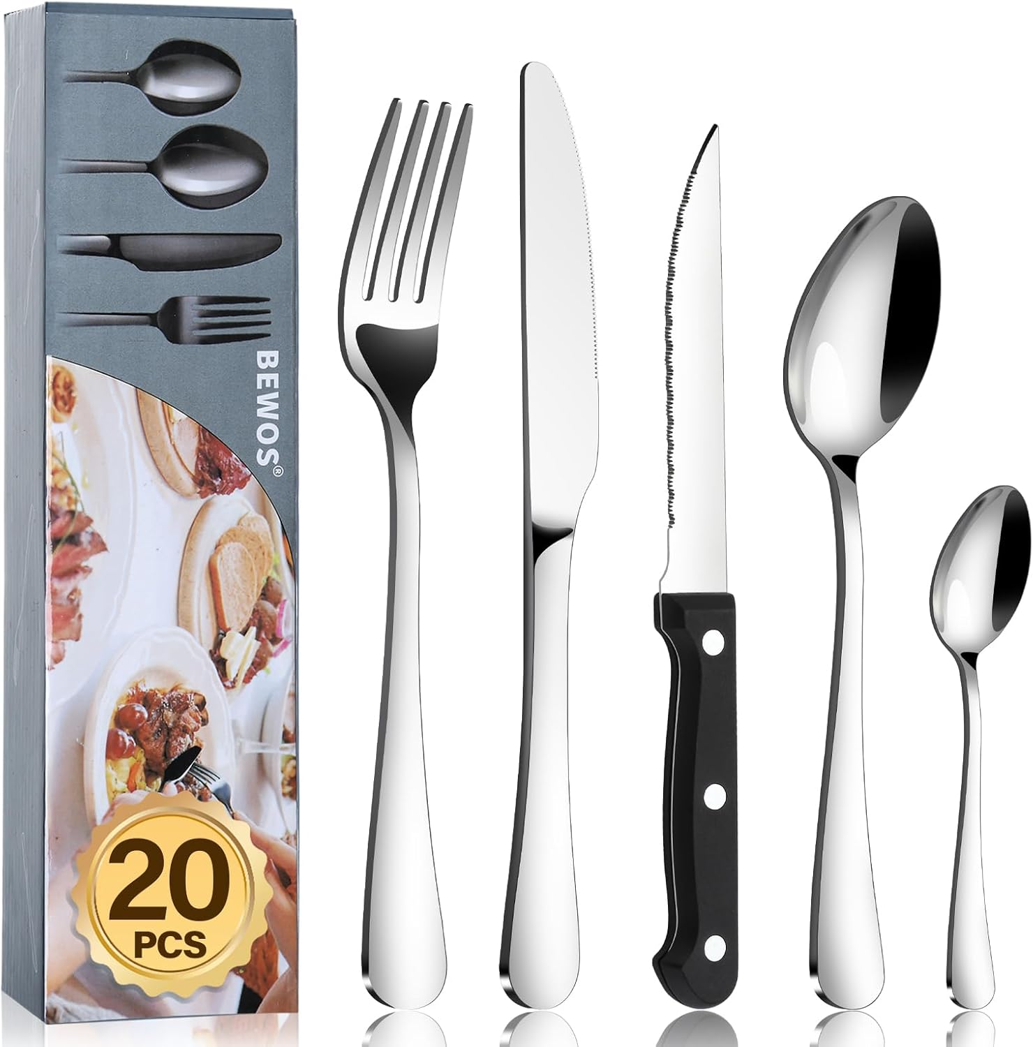 BEWOS 16-Piece Cutlery Set with 4 Triple Riveted Steak Knives, Stainless Steel S...
