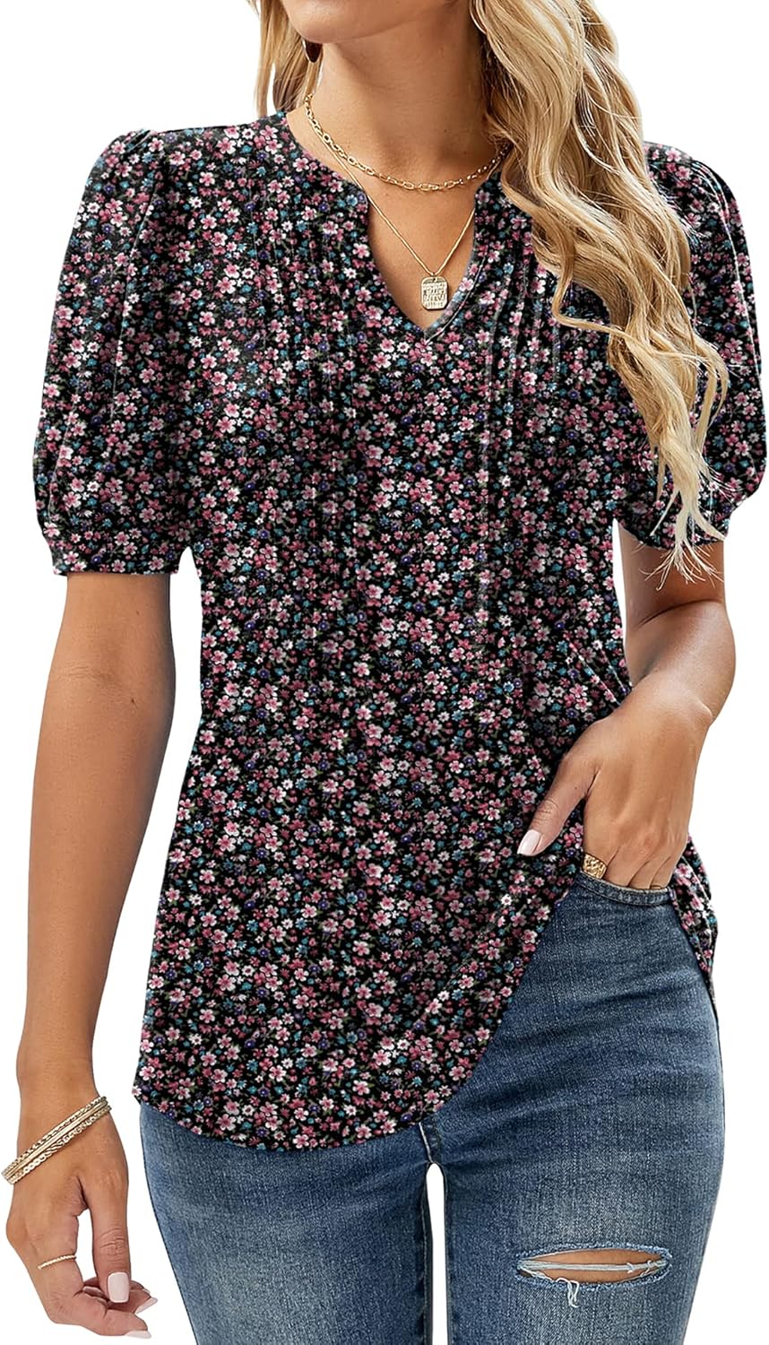 EFFAN Womens V Neck Tops Puff Short Sleeve T-Shirt Pleated Floral Printed Tunic...