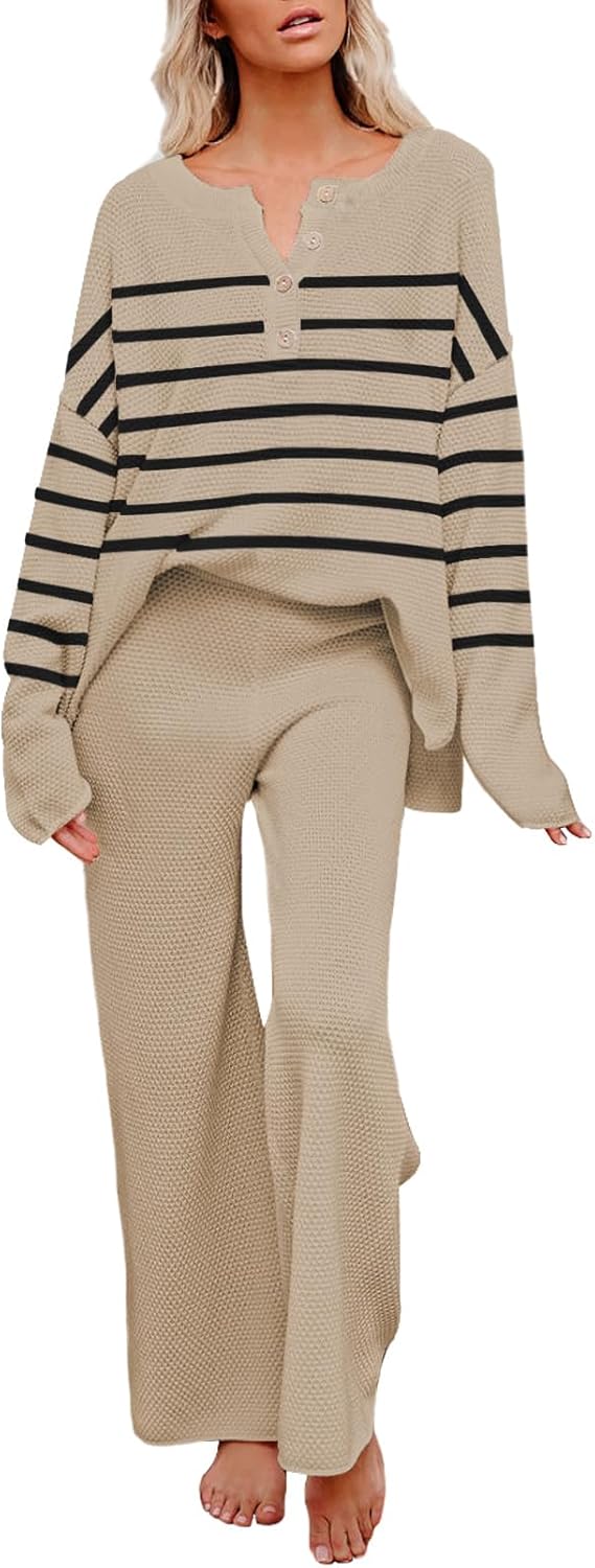 Pink Queen Women's 2 Piece Outfit Set Long Sleeve Button Pullover Sweater Top an...