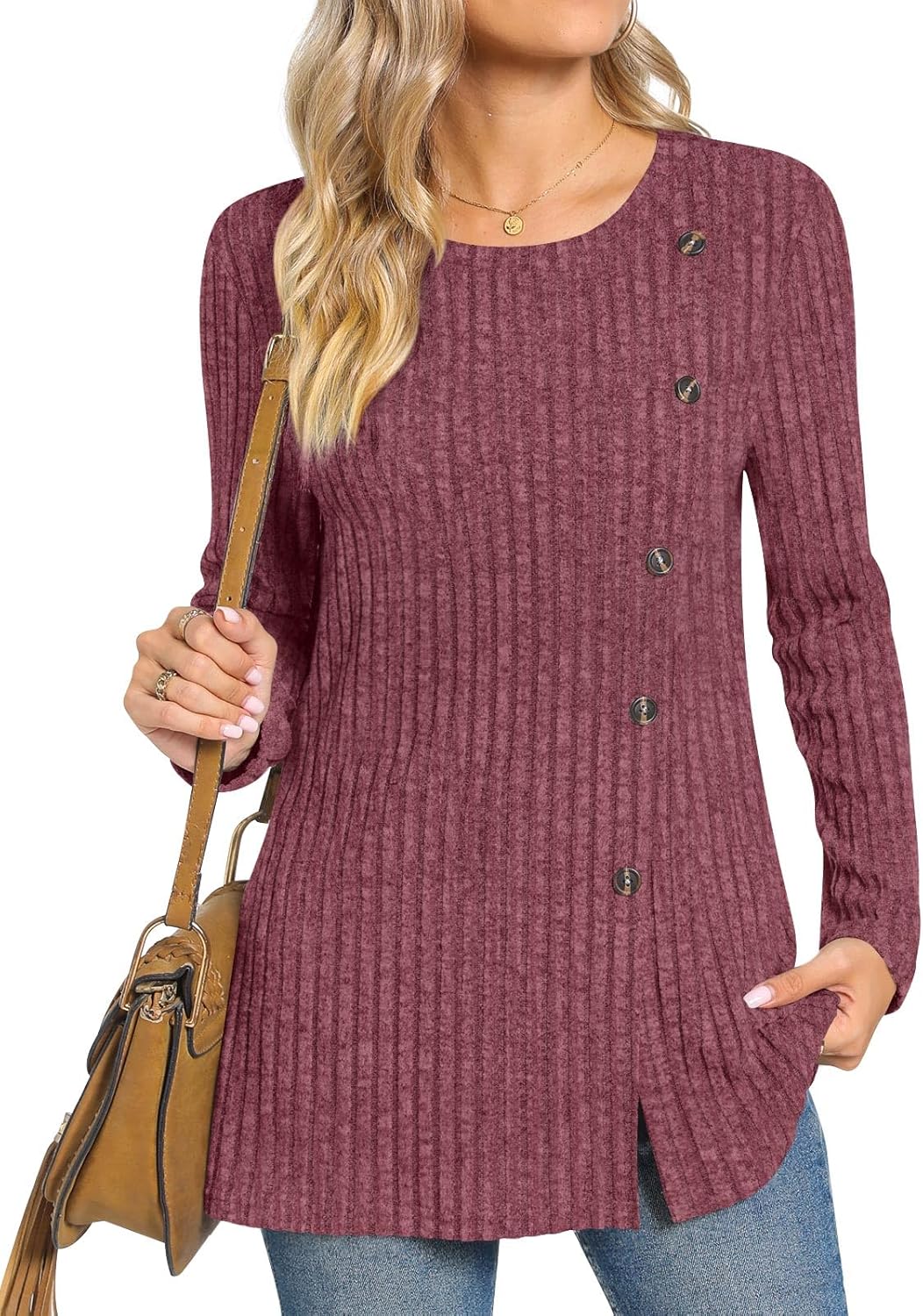 TAOHUADAO Women's Long Sleeve Jumpers Crewneck Tunic Tops with Button Sides Loos...