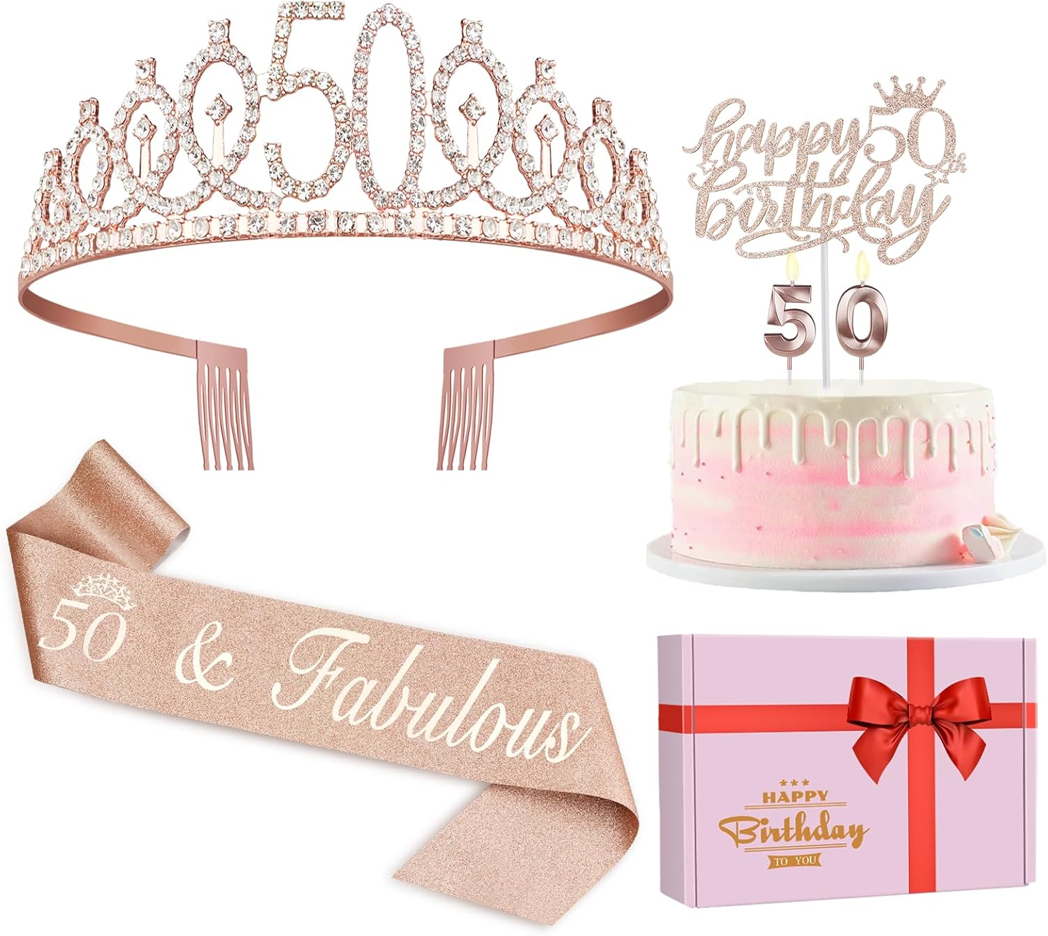 50th Birthday Decorations for Women, Including 50th Birthday Crown/Tiara, Sash,...