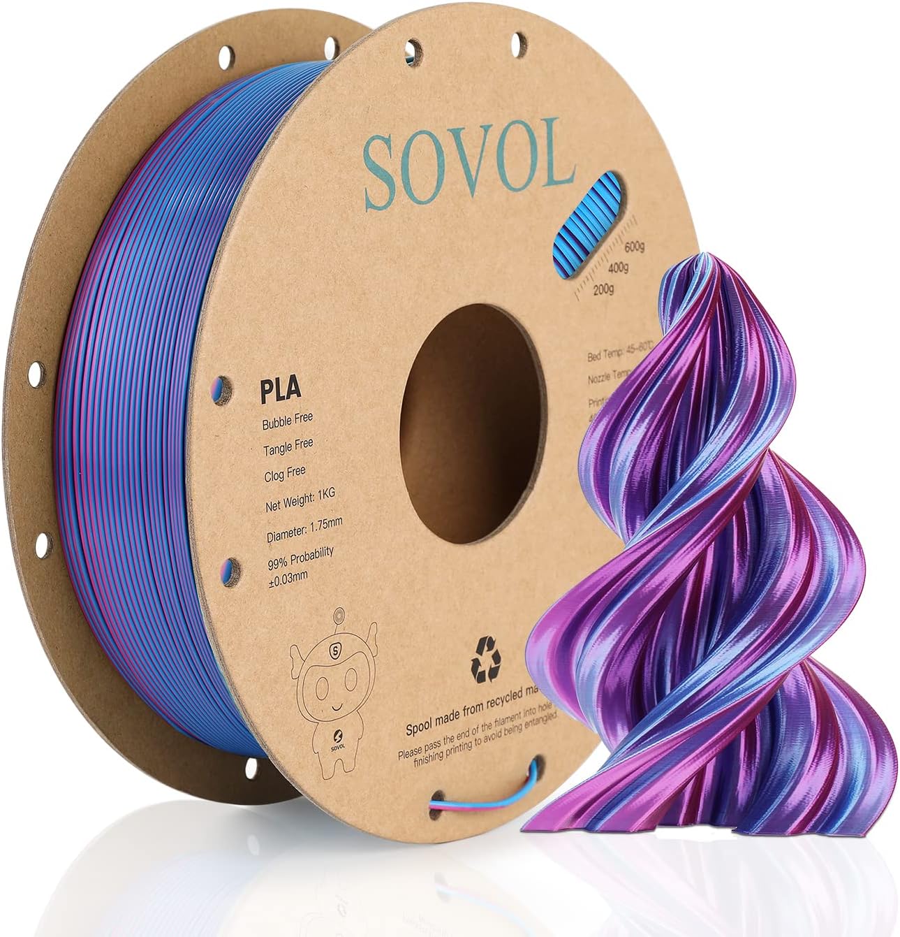Sovol Dual Color PLA Filament 1.75mm, Silk PLA 3D Printing Material, Dual Color...
