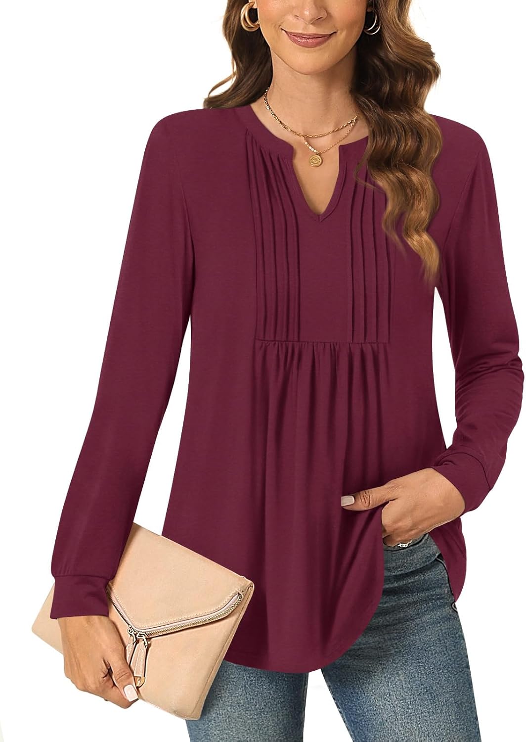Anyally Women's Long Sleeve Shirts Fall Tops Dressy Casual Blouses Pleated Plus...