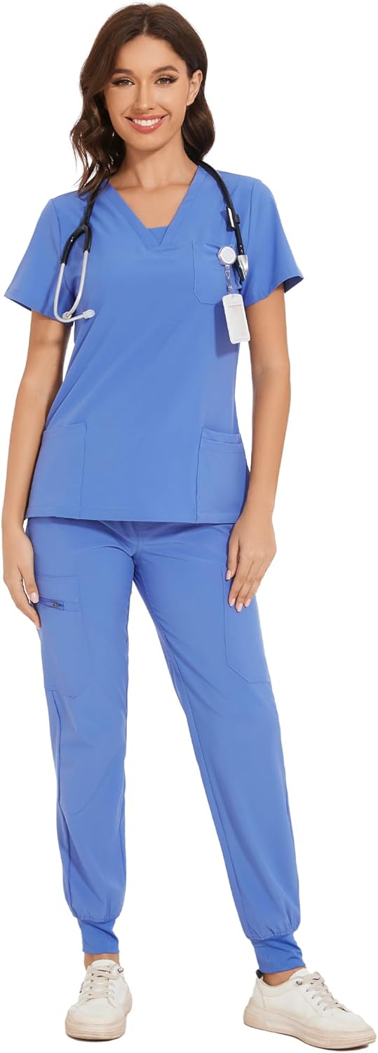 COZYFIT Scrubs for Women - V-Neck Top & Cargo Pants Scrubs Set with 10 Pockets C...