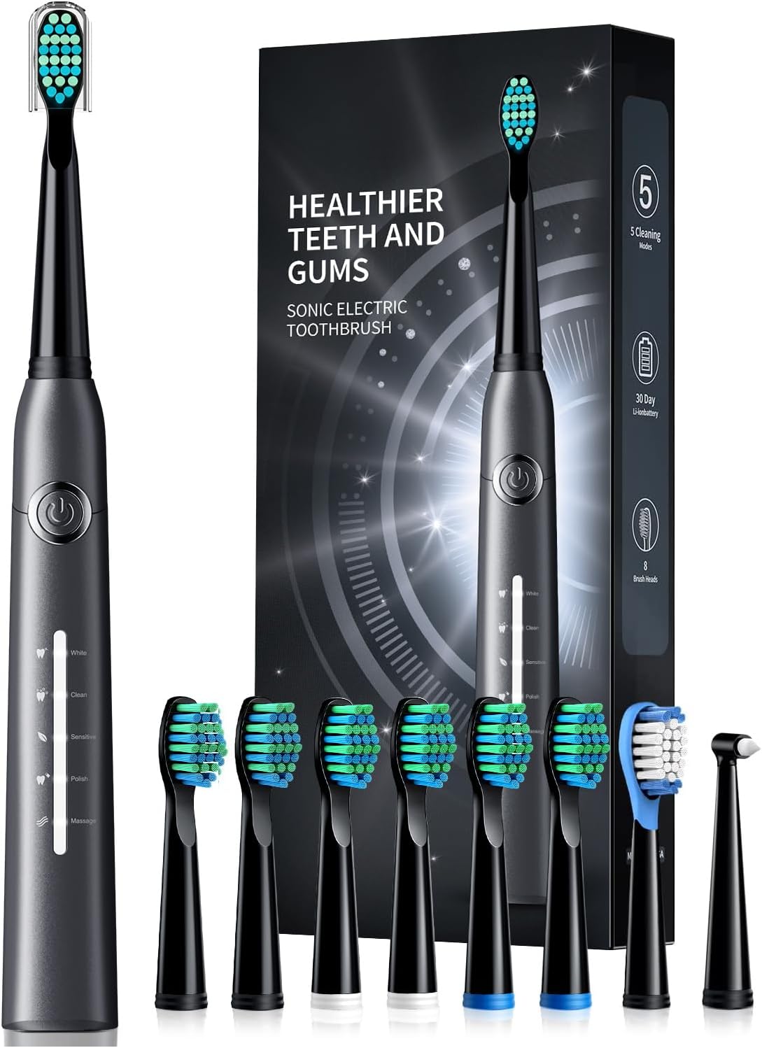 Electric Toothbrush, Sonic Toothbrushes with 8 Brush Heads 40000 VPM 5 Modes, So...