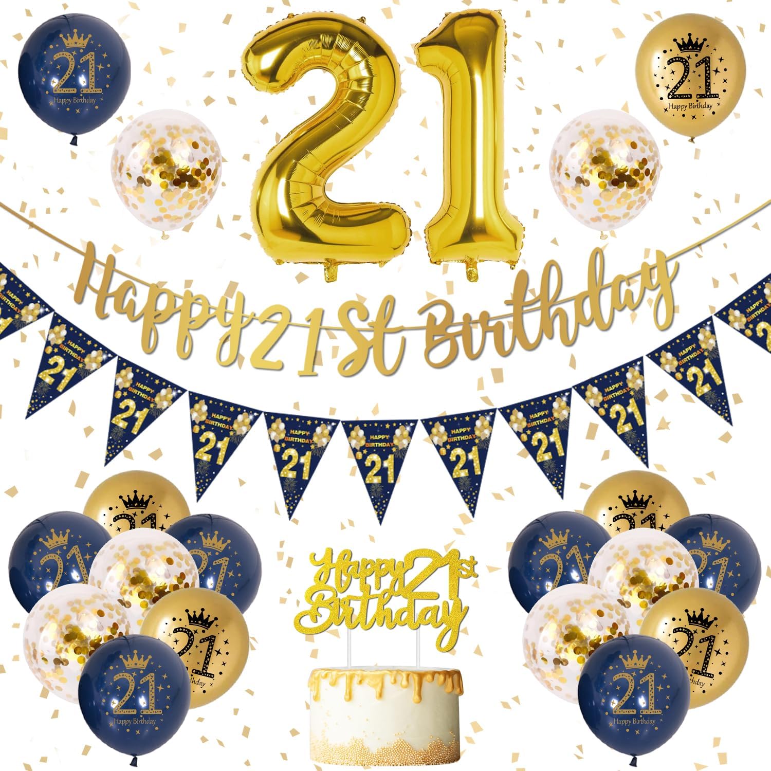 21st Birthday Decorations Men Blue Gold Happy 21st Birthday Banner, 21st Birthda...