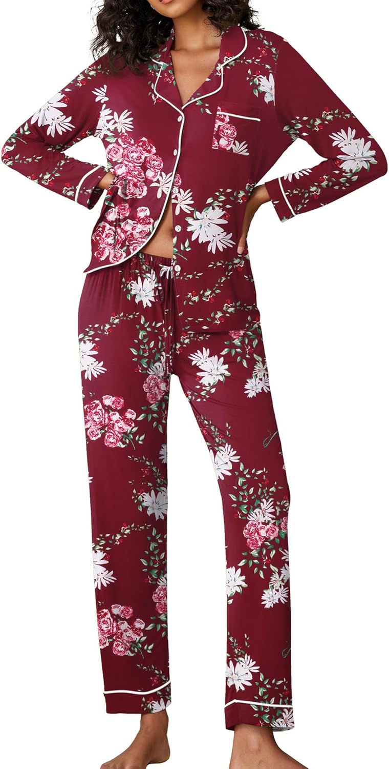 Ekouaer Pajamas Women's Long Sleeve Sleepwear Soft Button Down Loungewear Pjs Lo...