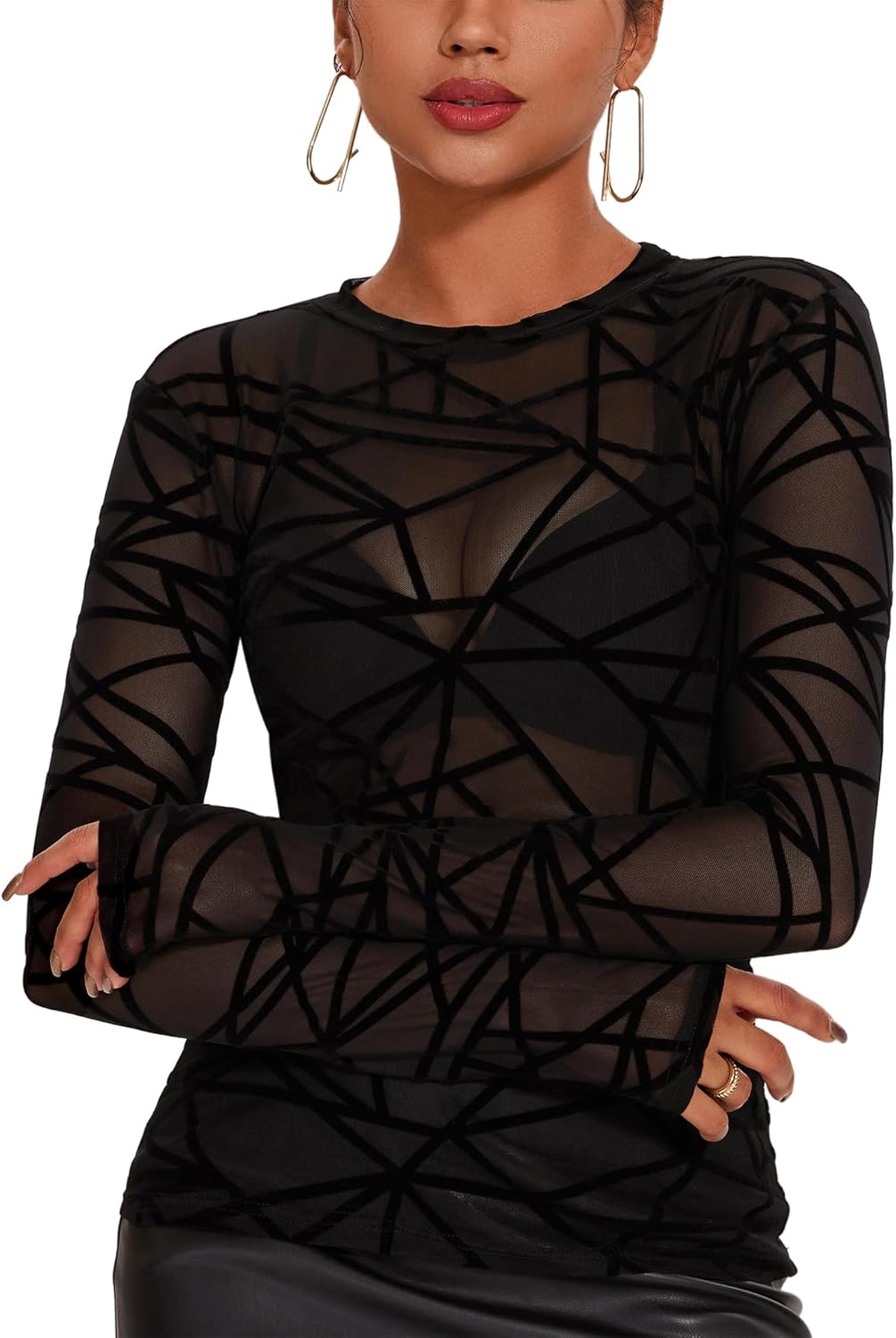 AKEWEI Womens Mesh Long Sleeve Tops Crew Neck Sexy See Through Tee Shirts Party...
