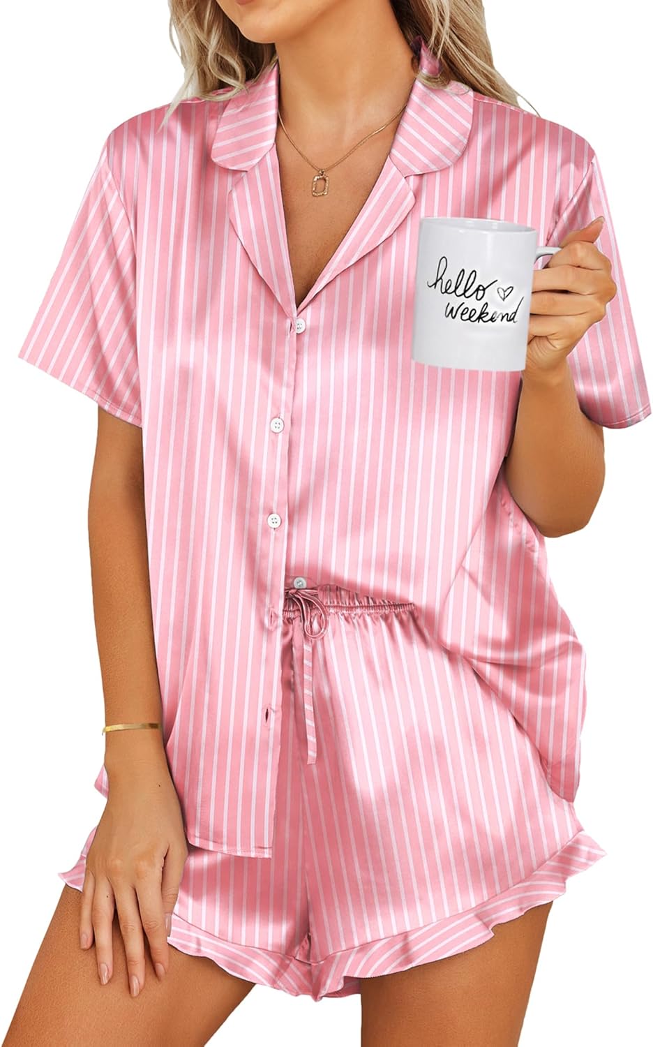 Ekouaer Womens Satin Pajamas Set Button Down 2 Piece Silk Pjs Shorts Set Ruffle...
