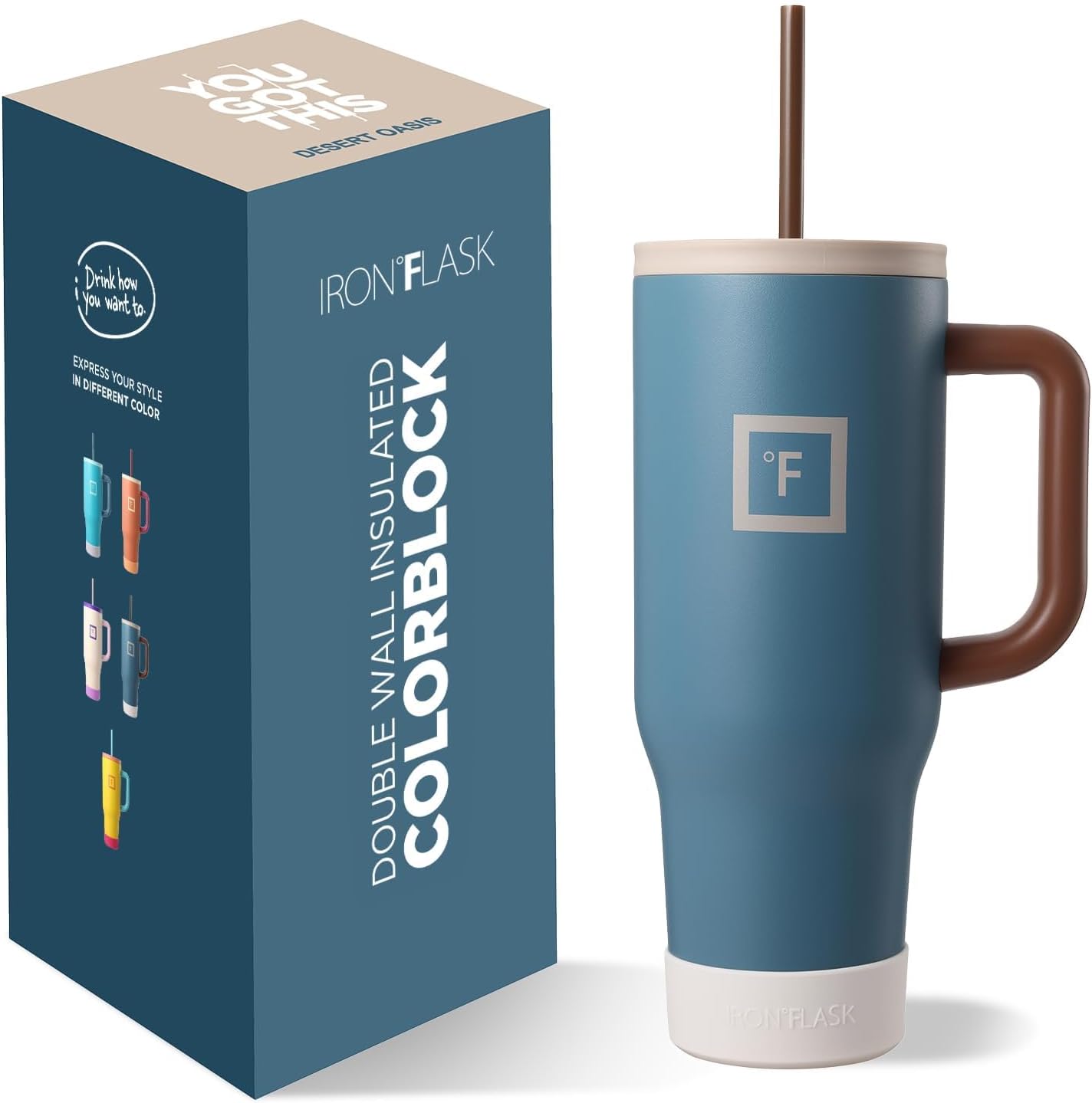 IRON °FLASK Co-Pilot Insulated Mug w/Boot, Straw & Flip Cap Lids - Cup Holder Bo...