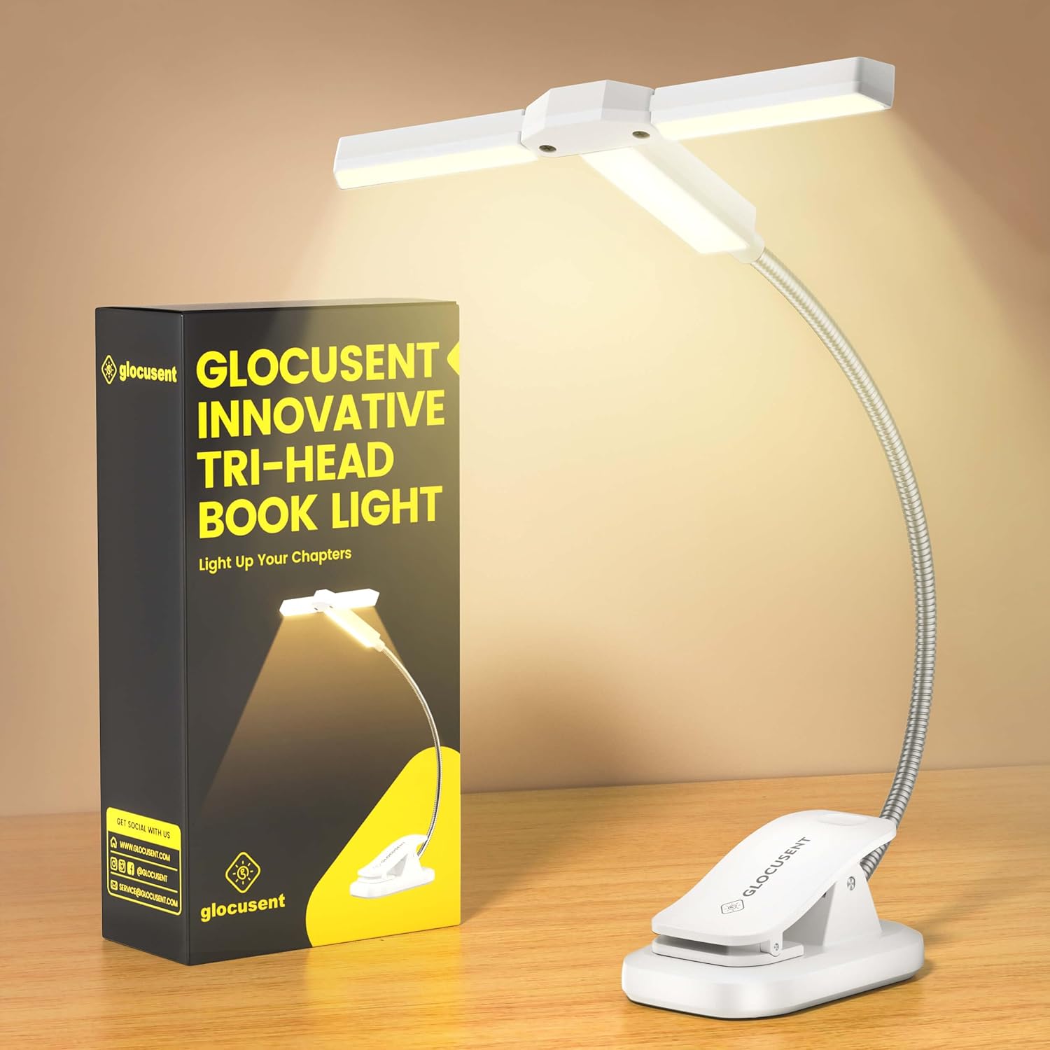 Glocusent Innovative Tri-Head Book Light for Reading in Bed, 3 Colors & 5 Bright...