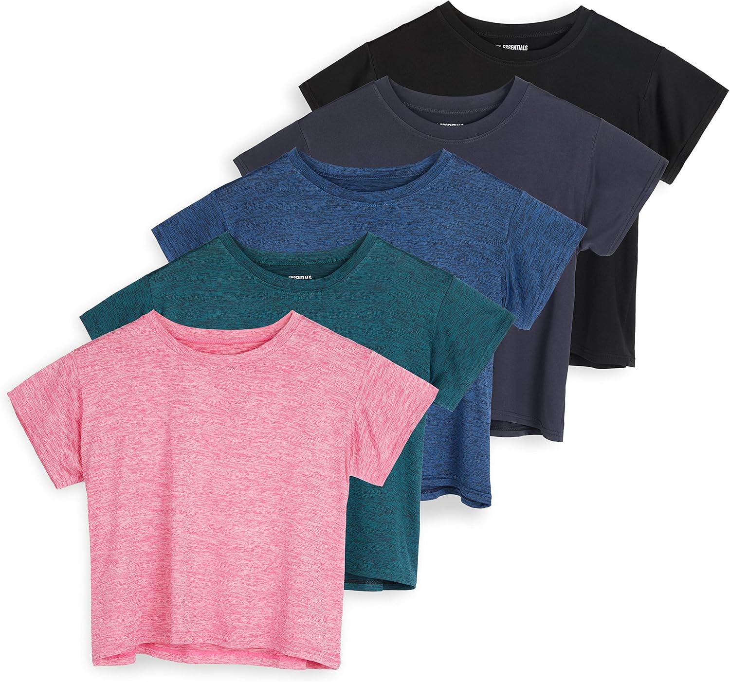Real Essentials 5 Pack: Women's Dry Fit Crop Top - Short Sleeve Crew Neck Stretc...