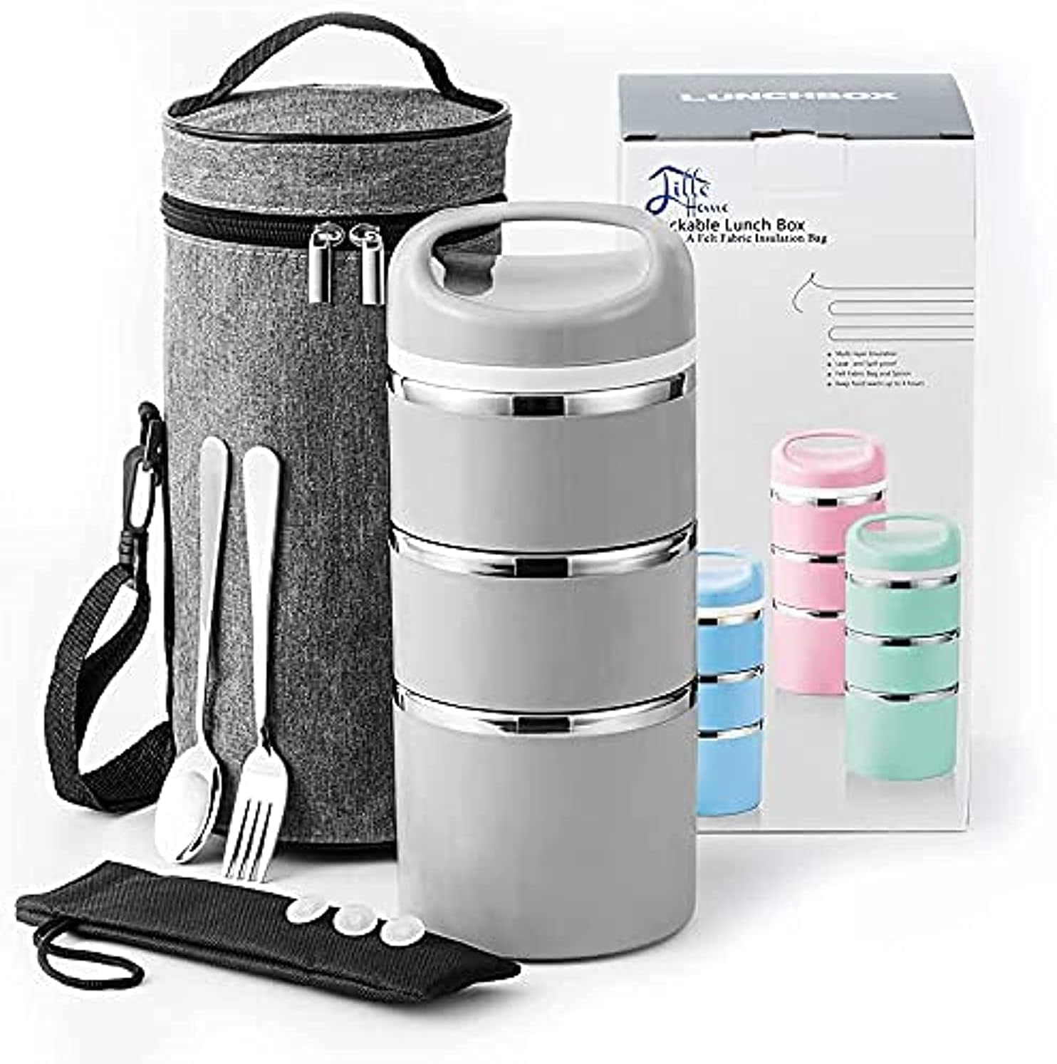 Lille Home Stackable Stainless Steel Thermal Compartment Lunch/Snack Box, 3-Tier...