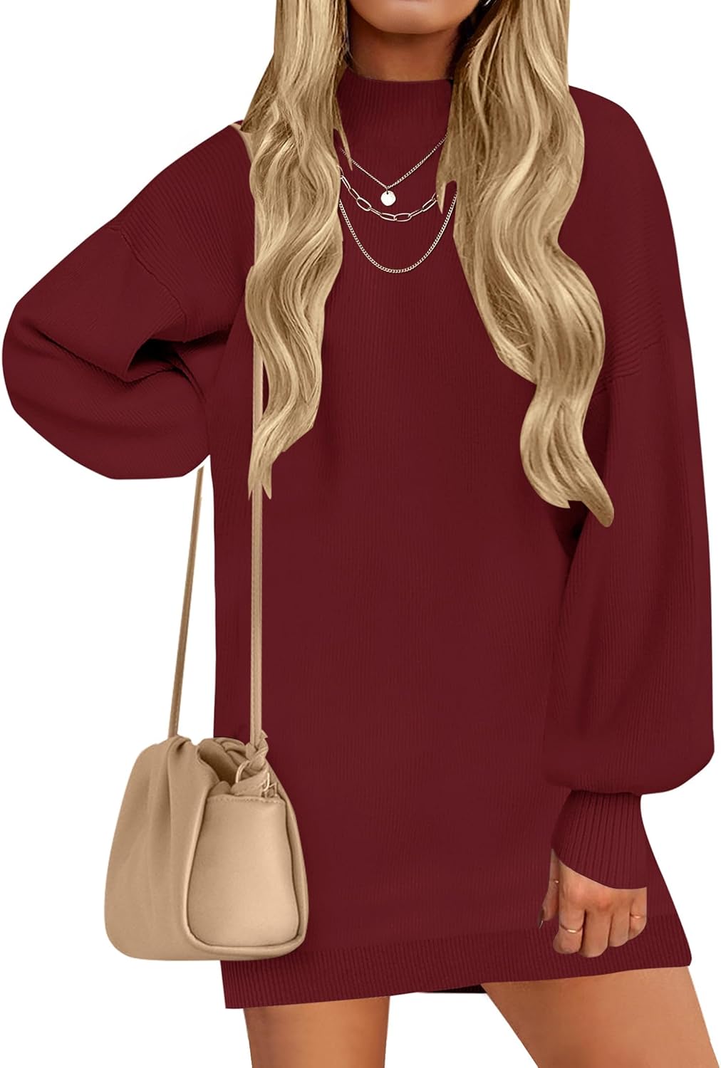 ZESICA Women's Spring Turtleneck Sweaters Dress Oversized Long Lantern Sleeve Ca...