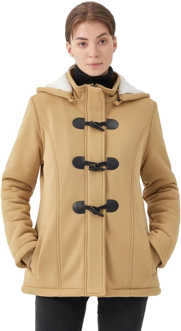JiangWu Womens Fashion Horn Button Fleece Thicken Coat with Hood Winter Warm Jac...