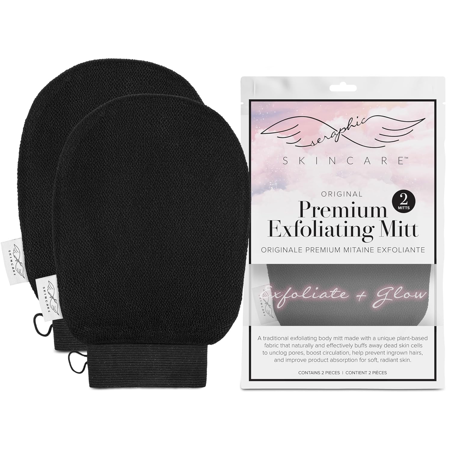Seraphic Skincare (Original) Premium Exfoliating Mitt for Body (2pc) – 100% Vega...