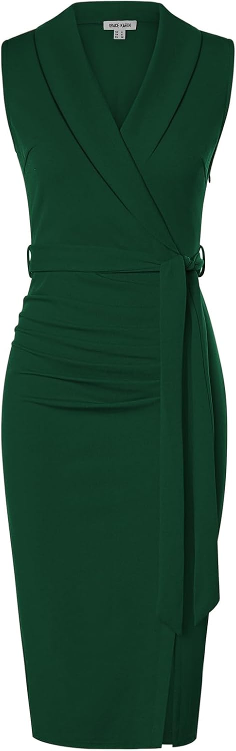 GRACE KARIN Women's Bodycon Dress Sleeveless Shawl V-Neck Wrap Midi Business Wor...