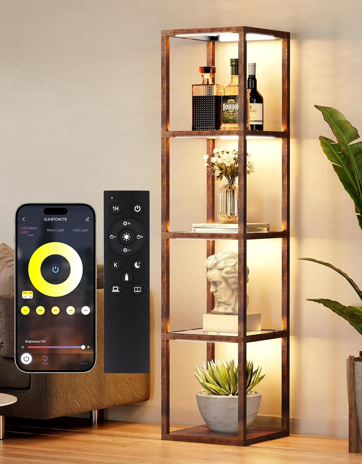 PARTPHONER Floor Lamp Glass Display Shelf with Remote/APP Control, Dimmable LED...