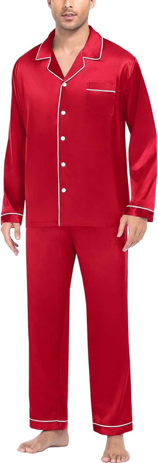 SWOMOG Mens Silk Satin Pajamas Set Long Sleeve Sleepwear Button-Down Pj Two-piec...