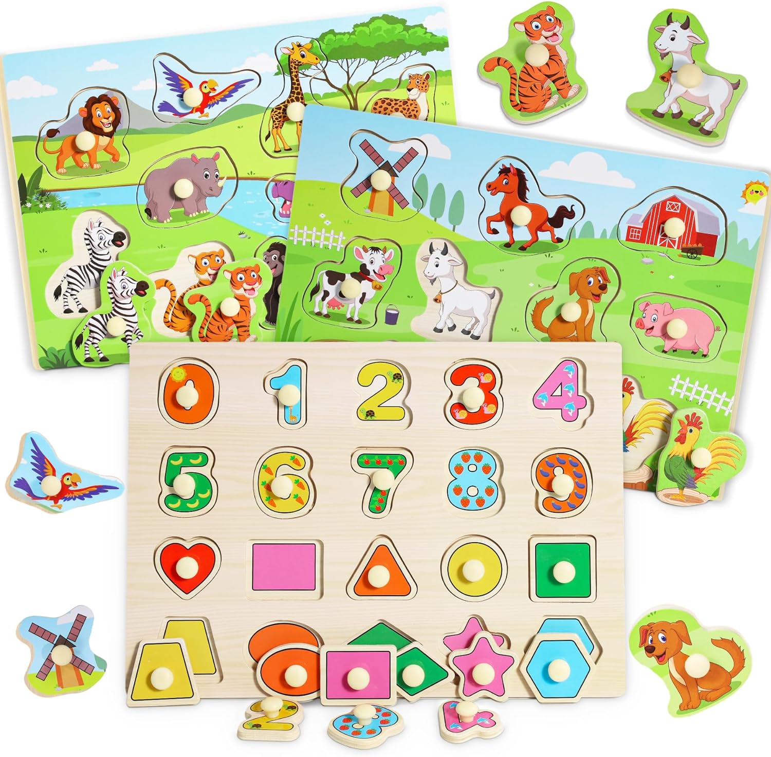 lenbest 3 Piecce Wooden Jigsaw Puzzles for Kids - Toys for 2 3 Year Old Boys Gir...
