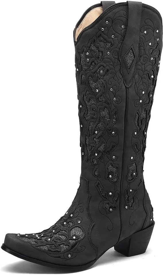 SaraIris Black Cowgirl Boots for Women Cowboy Boots Western Boots Chunky Heel Po...