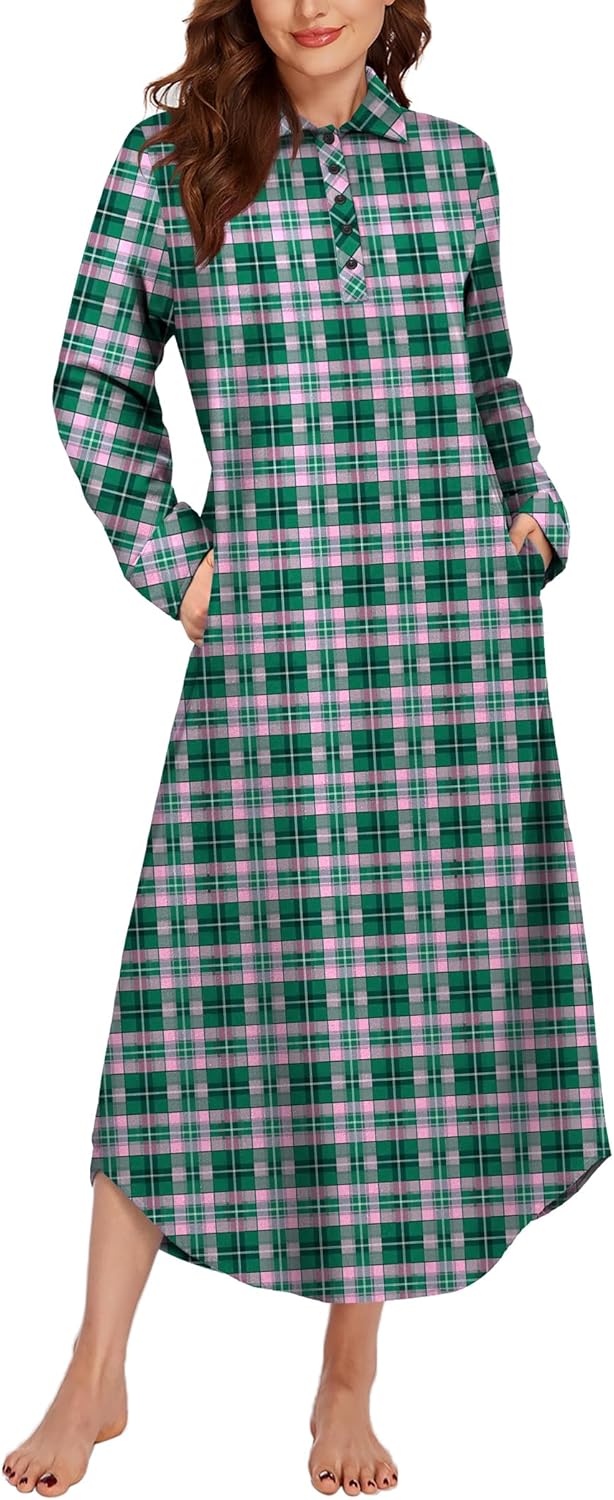 Ekouaer Women's Nightgown Long Sleeve Nightshirt Full Length Loungewear Plaid Sl...