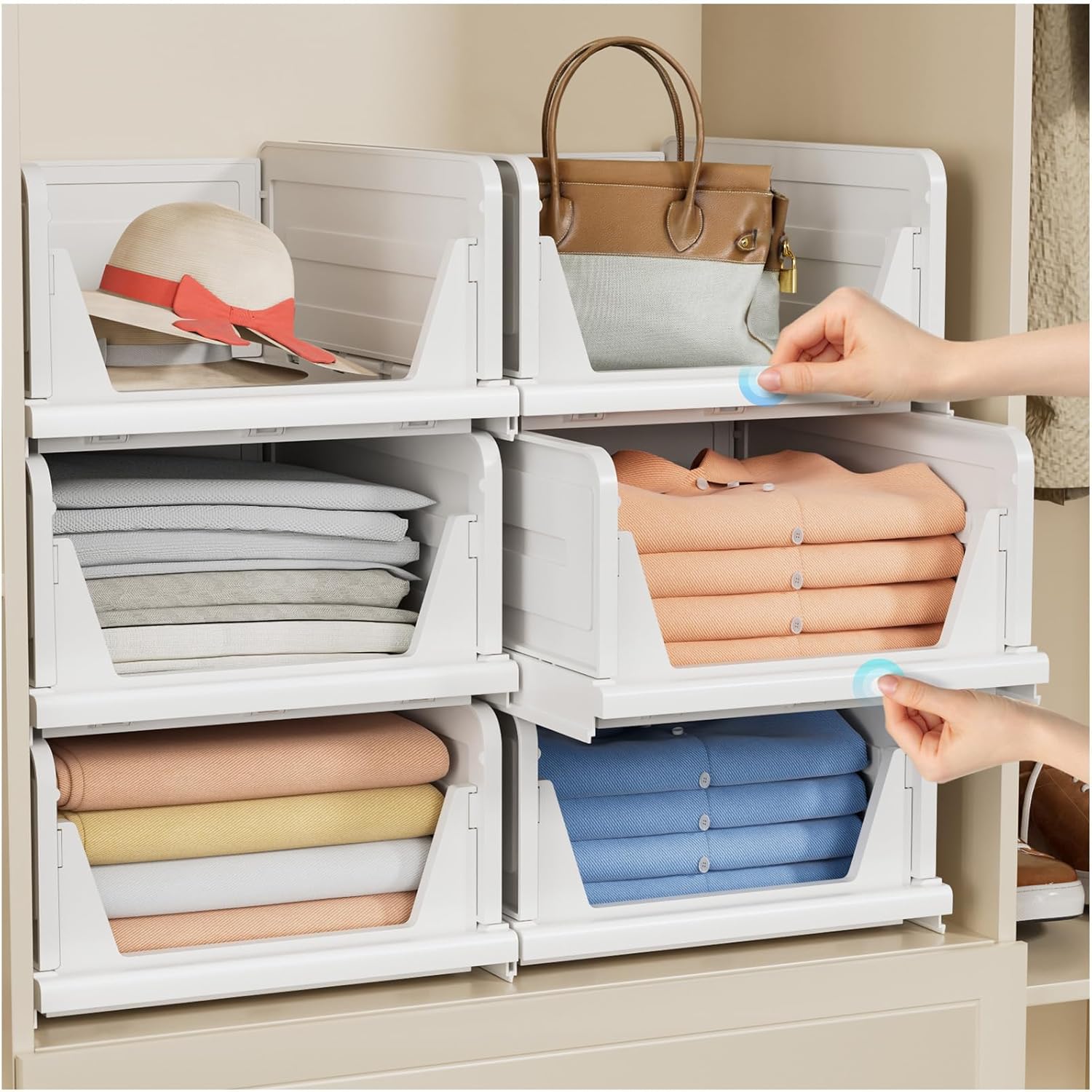 6 Pack Folding Closet Organizers Storage Box, Stackable Plastic Storage Basket,...