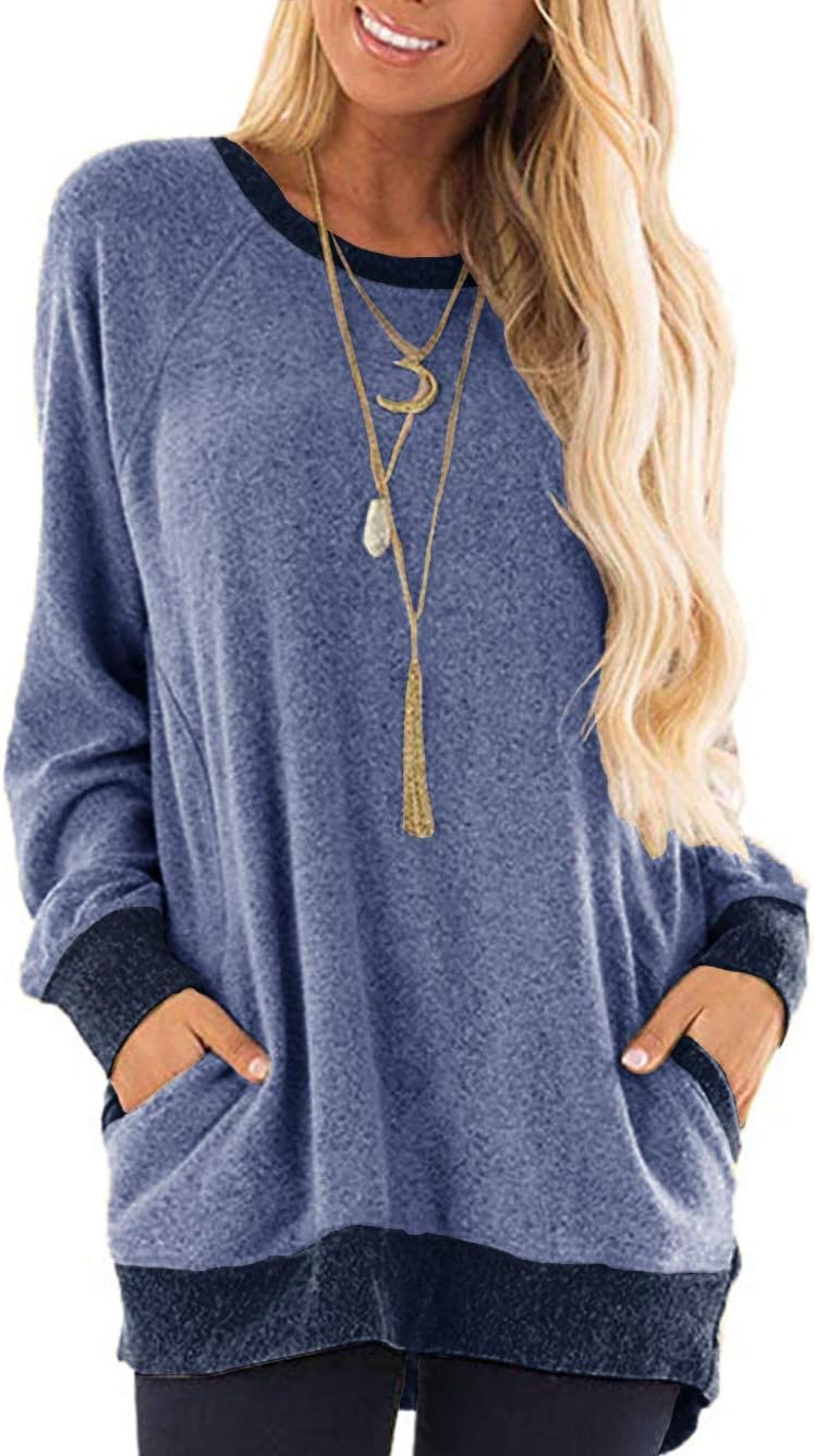 iChunhua Casual Women’s Long Sleeve Crewneck T Shirt Sweatshirt Tops with Pocket...