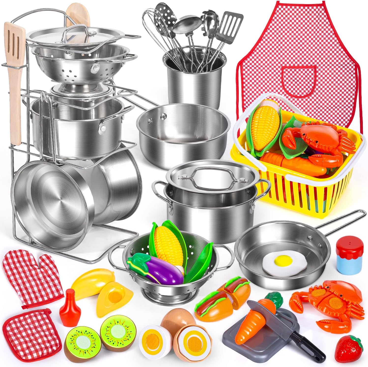 Kids Pretend Play Kitchen Toys Accessories Set, 32 Items Stainless Steel Toy Pot...
