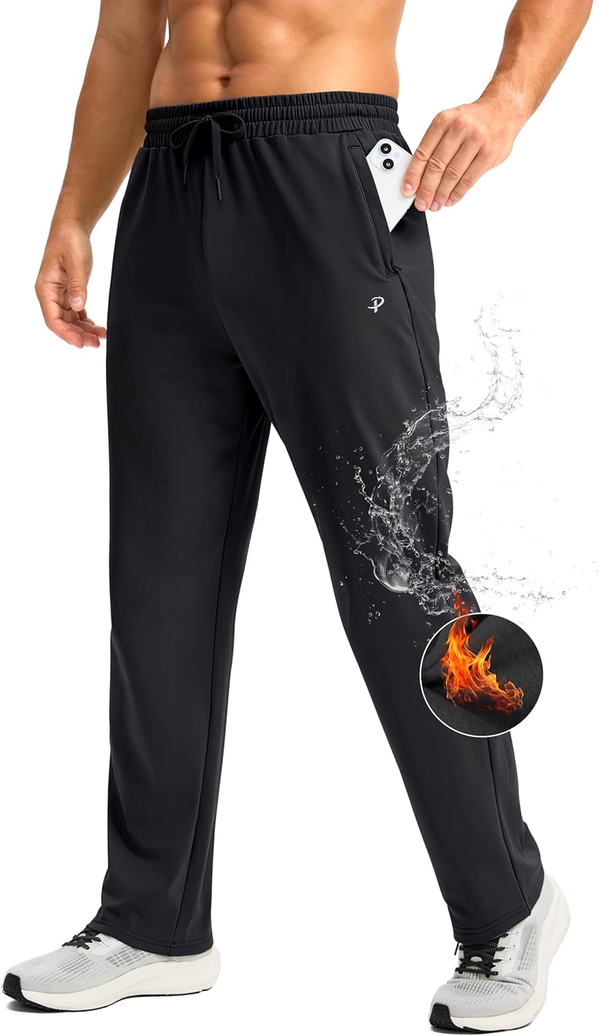 Pudolla Men's Fleece Lined Sweatpants with Zipper Pockets Winter Warm Water Resi...