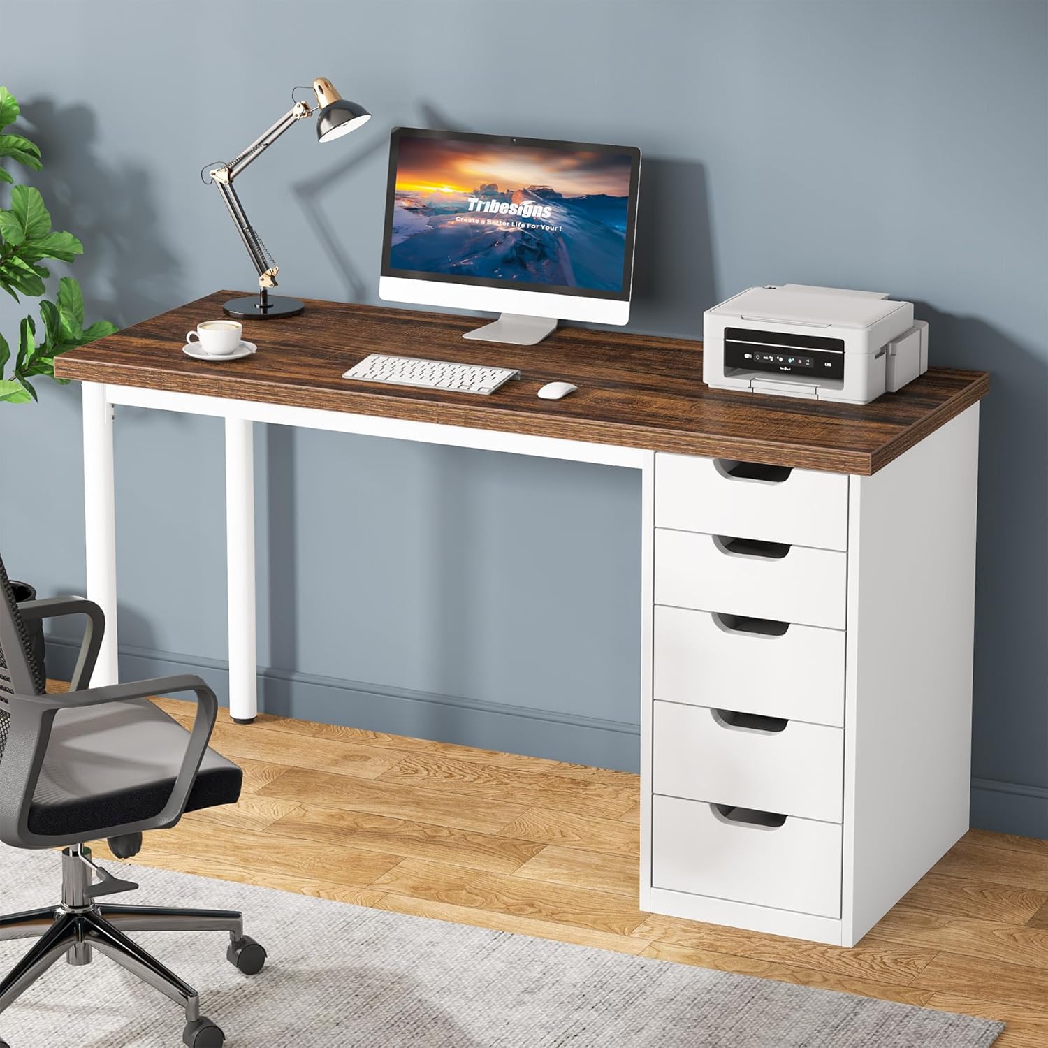 Tribesigns Computer Desk with 5 Drawers, 47 inches Rustic Brown Home Office Desk...