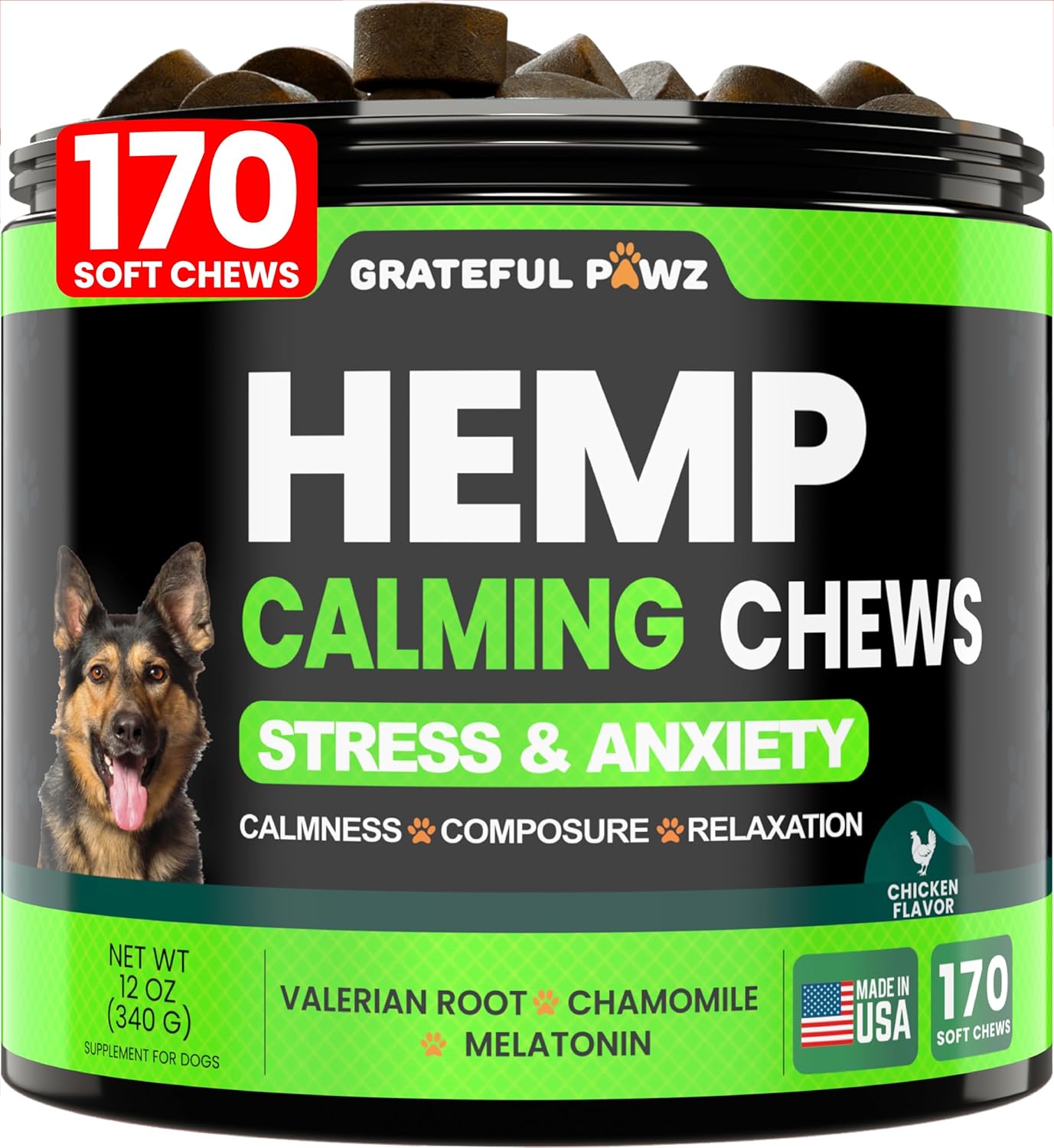 Grateful Pawz Hemp Calming Chews for Dogs - Dog Calming Chews - 170 Anxiety Reli...