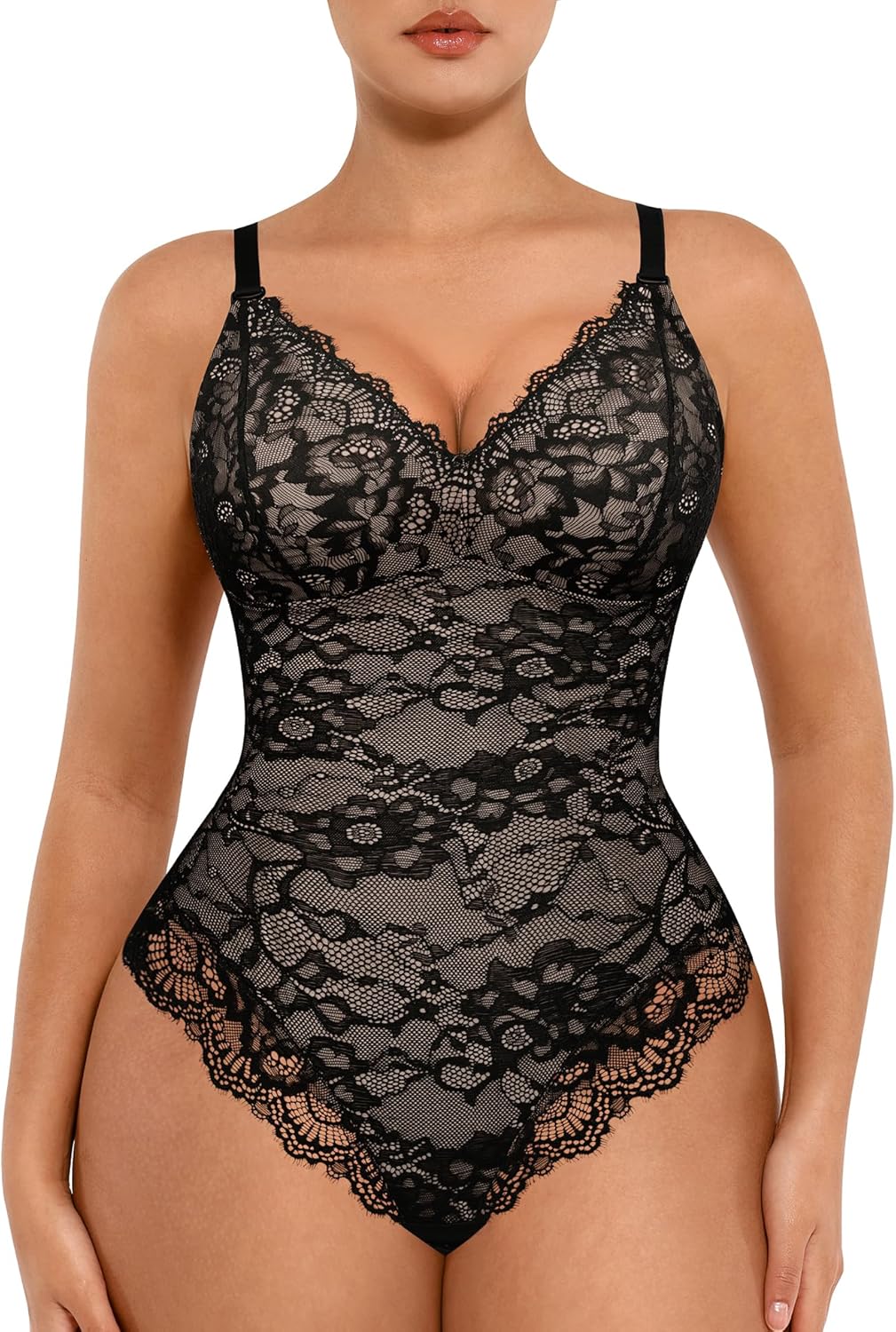 FeelinGirl Shapewear Bodysuits for Women Lace Shapewear Tummy Control V-Neck Sle...