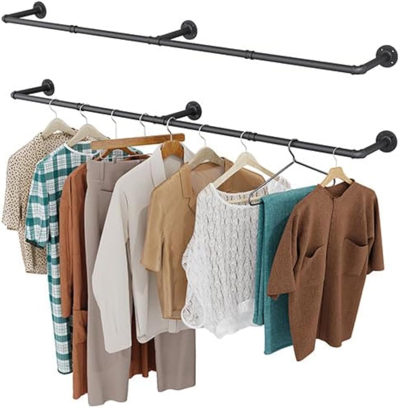 OROPY Industrial Pipe Clothes Rail, Set of 2, 167cm Wall Mounted Detachable Retr...